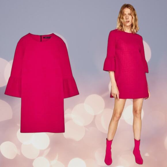 NWT - Zara Textured Mini Dress with Frilled Sleeves in Hot Pink Size: S - Picture 1 of 6